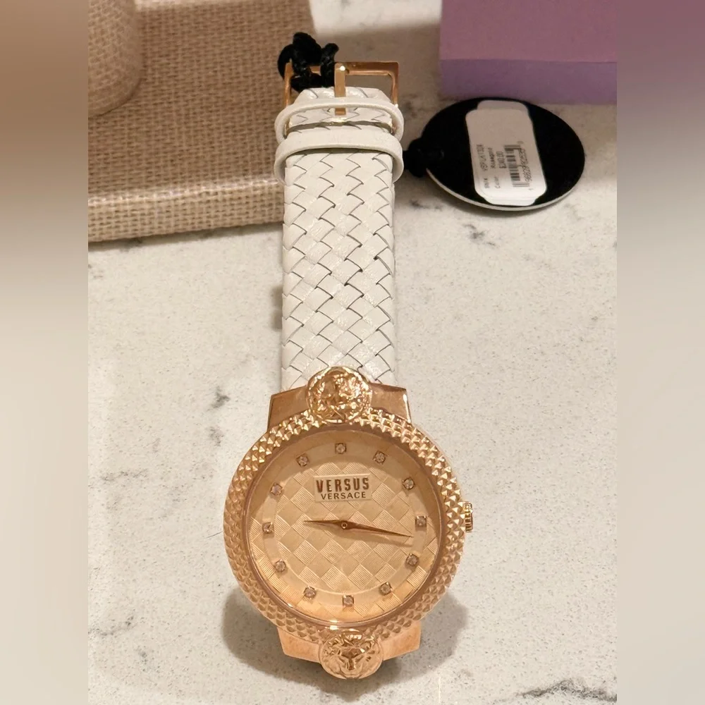 Versus Versace Rose Gold Montorgueil Crystal Index Beige Band Watch, 38mm